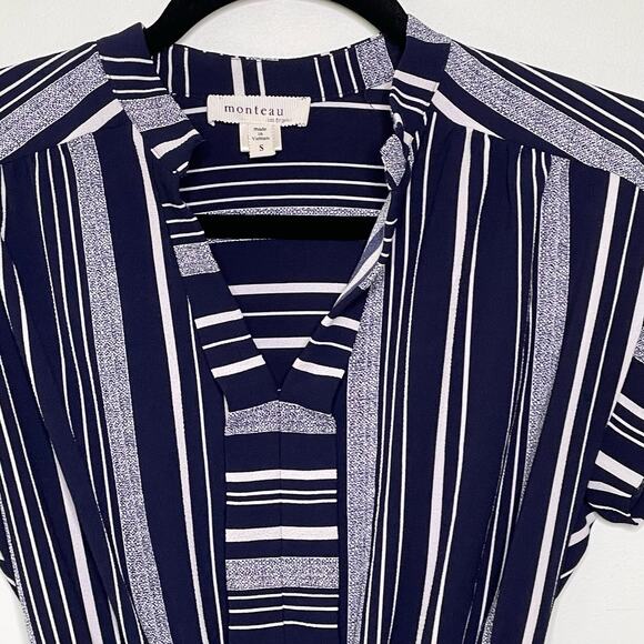 Monteau Belt A-Line Dress Striped Short Coastal Nautical Country Club Blue S - Picture 5 of 12